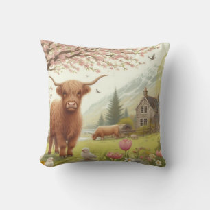 Cute, floral/spring highland cow cushion