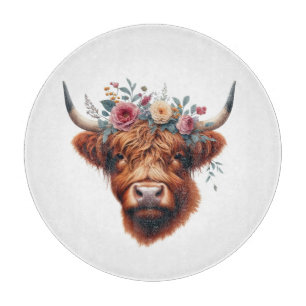 Cute, floral/spring highland cow cutting board
