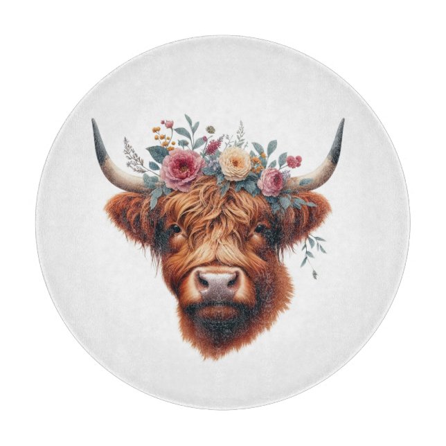 Cute, floral/spring highland cow cutting board (Front)