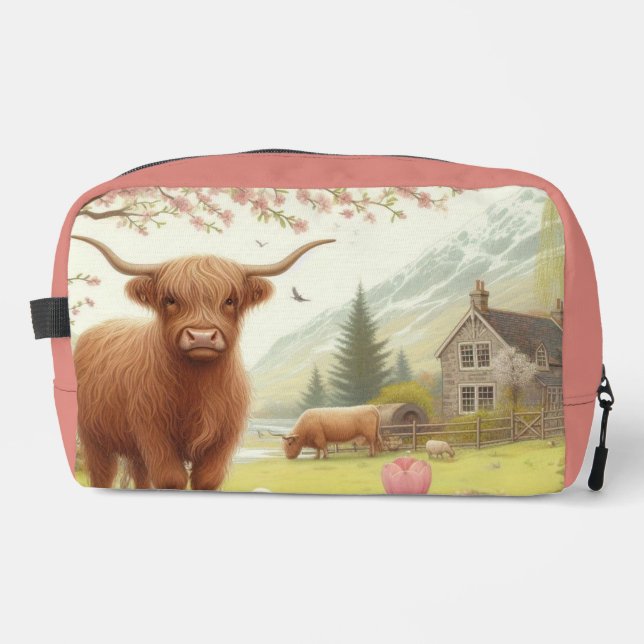 Cute, floral/spring highland cow dopp kit (Front)