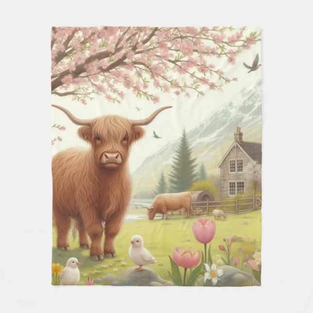 Cute, floral/spring highland cow fleece blanket (Front)
