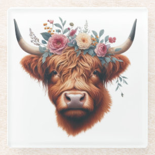 Cute, floral/spring highland cow glass coaster