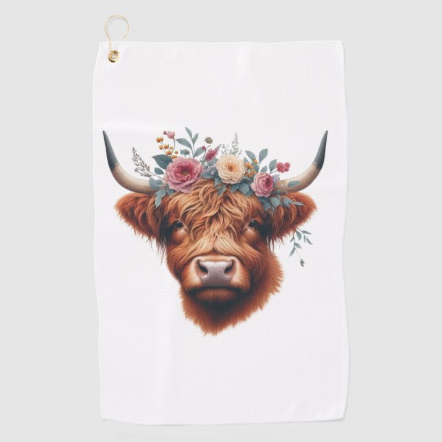 Cute, floral/spring highland cow golf towel (Front)