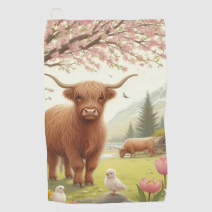 Cute, floral/spring highland cow golf towel