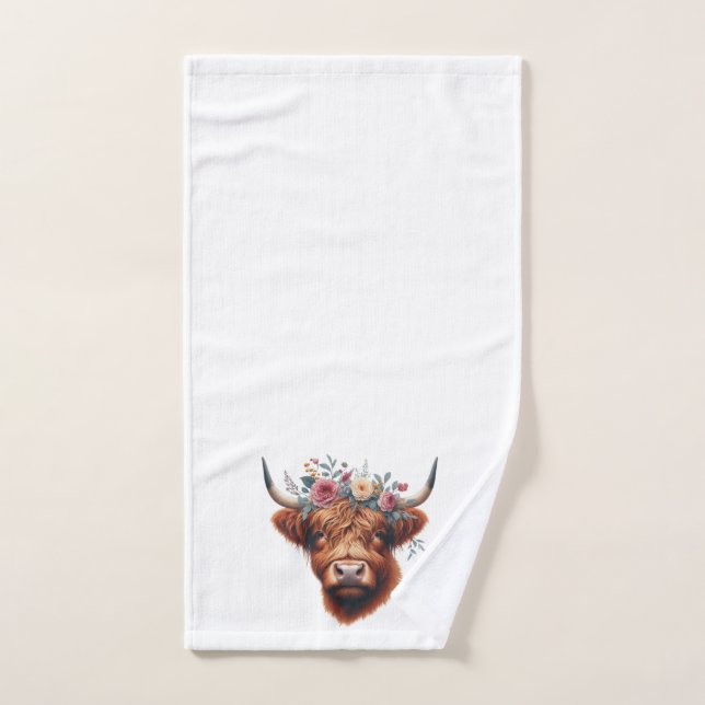 Cute, floral/spring highland cow hand towel (Hand Towel)