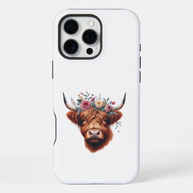 Cute, floral/spring highland cow iPhone case (Back)
