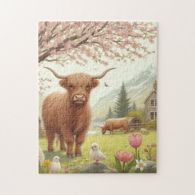 Cute, floral/spring highland cow jigsaw puzzle (Vertical)