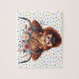 Cute, floral/spring highland cow jigsaw puzzle