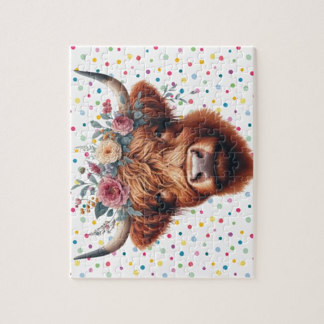 Cute, floral/spring highland cow jigsaw puzzle (Vertical)