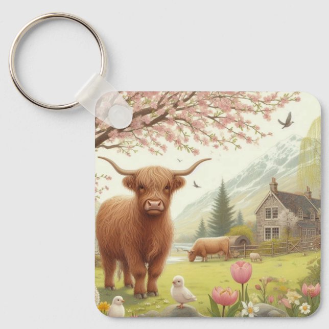 Cute, floral/spring highland cow key ring (Front)