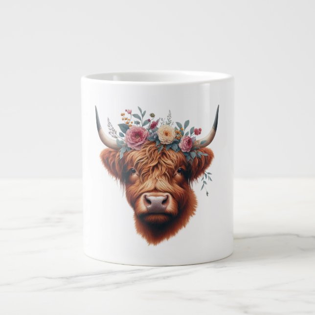 Cute, floral/spring highland cow large coffee mug (Front)