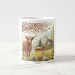 Cute, floral/spring highland cow large coffee mug