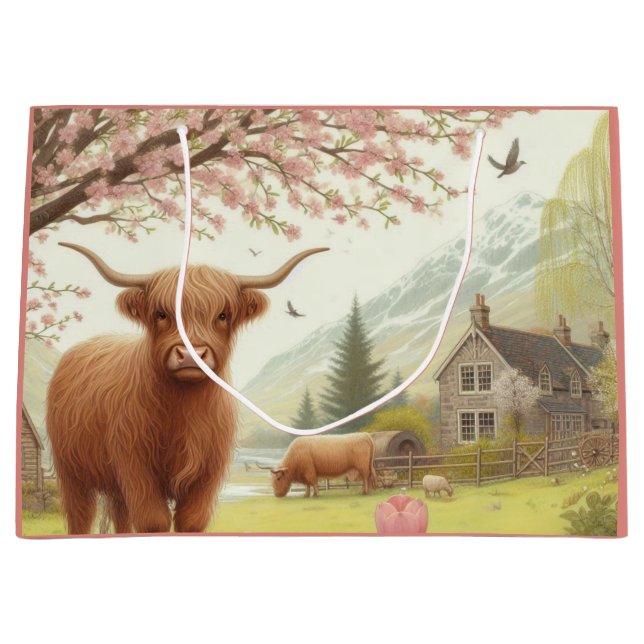 Cute, floral/spring highland cow large gift bag (Front)
