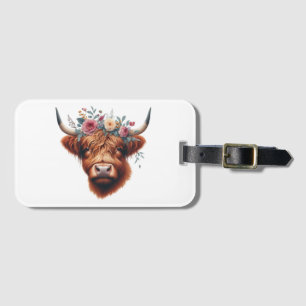 Cute, floral/spring highland cow luggage tag