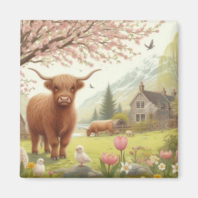 Cute, floral/spring highland cow magnet (Front)