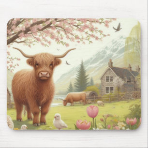 Cute, floral/spring highland cow mouse mat
