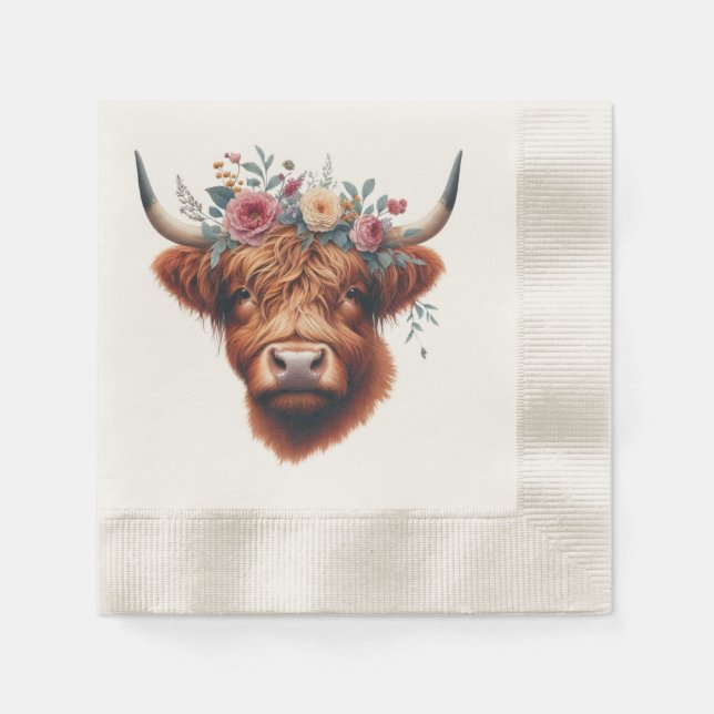 Cute, floral/spring highland cow napkin (Front)