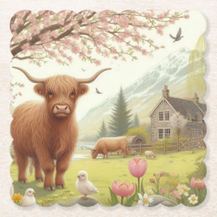 Cute, floral/spring highland cow paper coaster