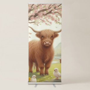 Cute, floral/spring highland cow retractable banner