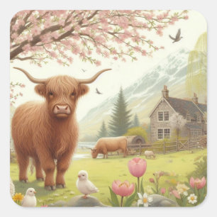 Cute, floral/spring highland cow square sticker