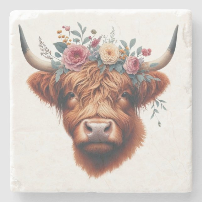 Cute, floral/spring highland cow stone coaster (Front)