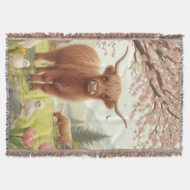 Cute, floral/spring highland cow throw blanket (Front)