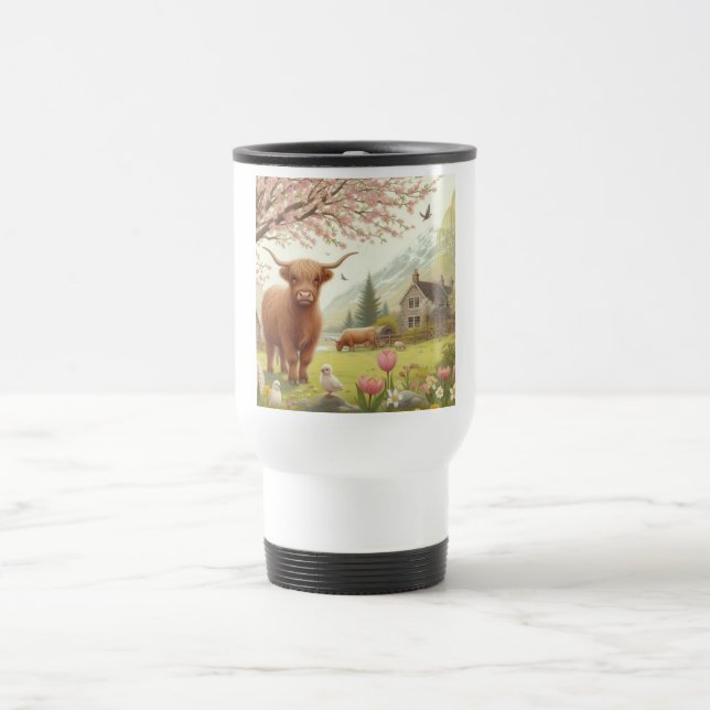 Cute, floral/spring highland cow travel mug (Center)