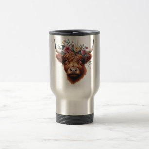 Cute, floral/spring highland cow travel mug
