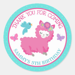 Cute Floral Spring Pink Llama Birthday Classic Round Sticker