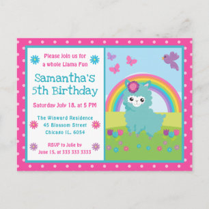 Cute Floral Spring Teal Llama & Rainbow Birthday Postcard