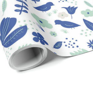 Cute Floral Spring Tulips & Birds Blue and Mint Wrapping Paper