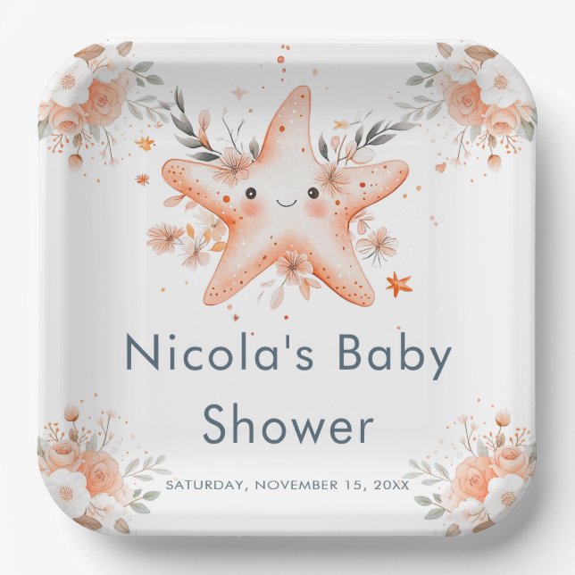 Cute Floral Starfish Baby Shower Paper Plate (Front)