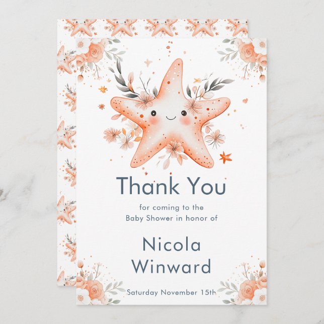 Cute Floral Starfish Baby Shower Thank You Card (Front/Back)
