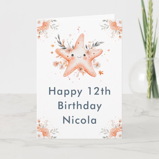 Cute Floral Starfish Birthday Party Card (Front)