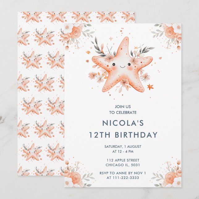 Cute Floral Starfish Birthday Party Invitation (Front/Back)