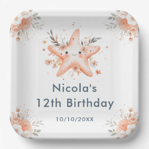 Cute Floral Starfish Birthday Party Paper Plate