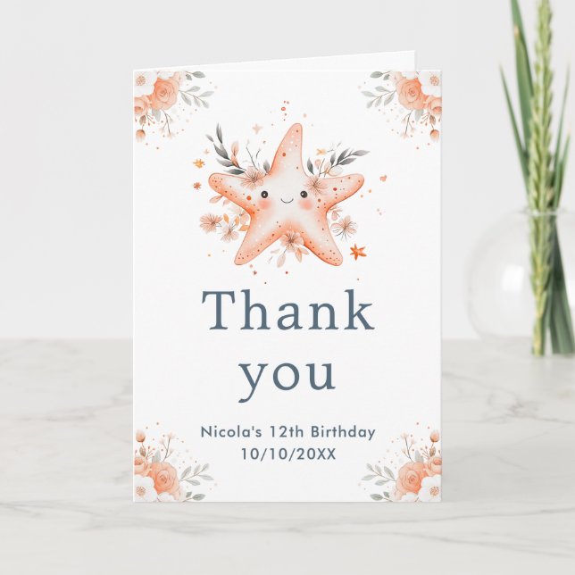 Cute Floral Starfish Birthday Party Thank You Card (Front)