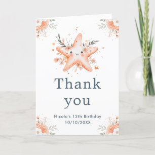 Cute Floral Starfish Birthday Party Thank You Card