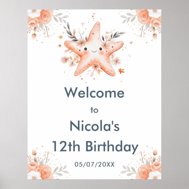 Cute Floral Starfish Birthday Party Welcome Poster (Front)