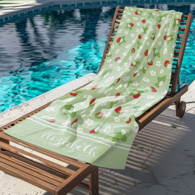 Cute Floral Strawberry Custom Name Summer Beach Towel (Creator Uploaded)