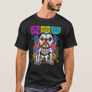 Cute Floral Sugar Skull Pug Dog Dia de Muertos Hal T-Shirt