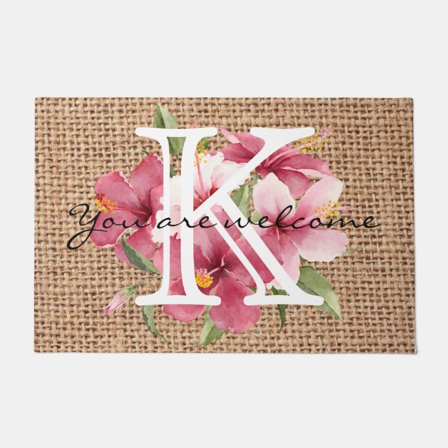 Cute floral summer monogrammed welcome text script doormat (Front)