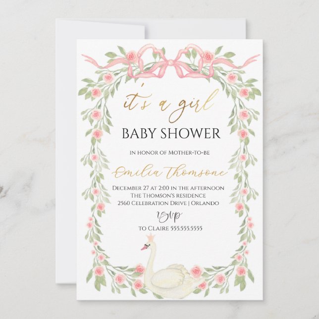 Cute Floral Swan Blush Pink Ribbon Baby Shower Invitation (Front)