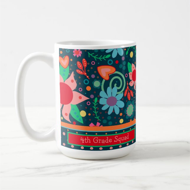 Cute Floral Teacher Initial Class Squad Custom Coffee Mug (Left)