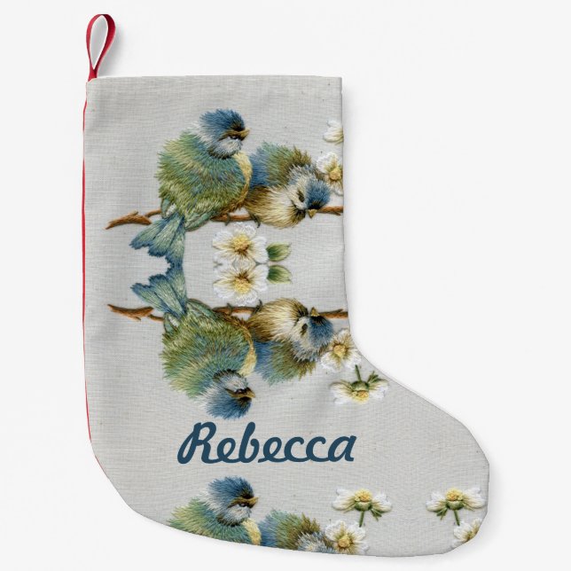 cute floral teal mint green embroidery bird small christmas stocking (Front)