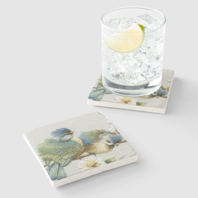cute floral teal mint green embroidery bird stone coaster (Side)