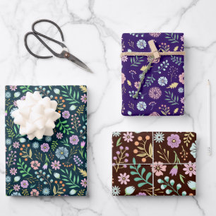 Cute Floral Teal Purple Brown Pink Boho Pattern Wrapping Paper Sheet
