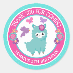 Cute Floral Teal Spring Llama Birthday Classic Round Sticker