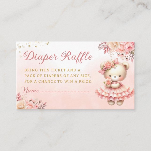 Cute Floral teddy bear Diaper Raffle Baby Shower  Enclosure Card (Front)