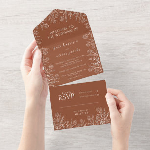 Cute Floral Terracotta Burnt Orange Wedding All In One Invitation